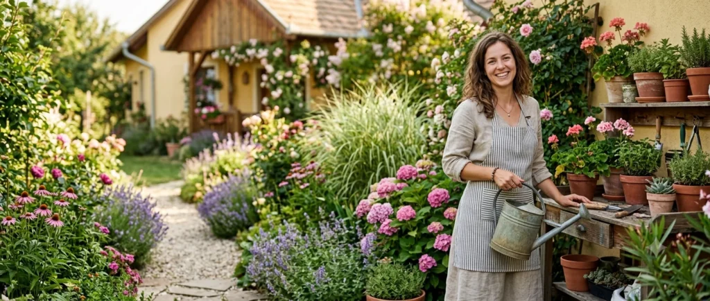 Sophie's Garden kertésze locsolókannával a maglódi virágoskertben